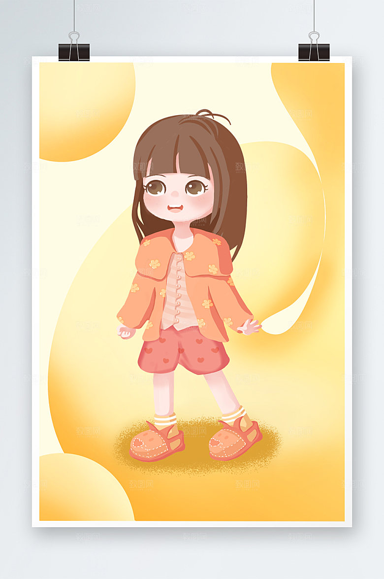 手绘卡通可爱小女孩人物插画