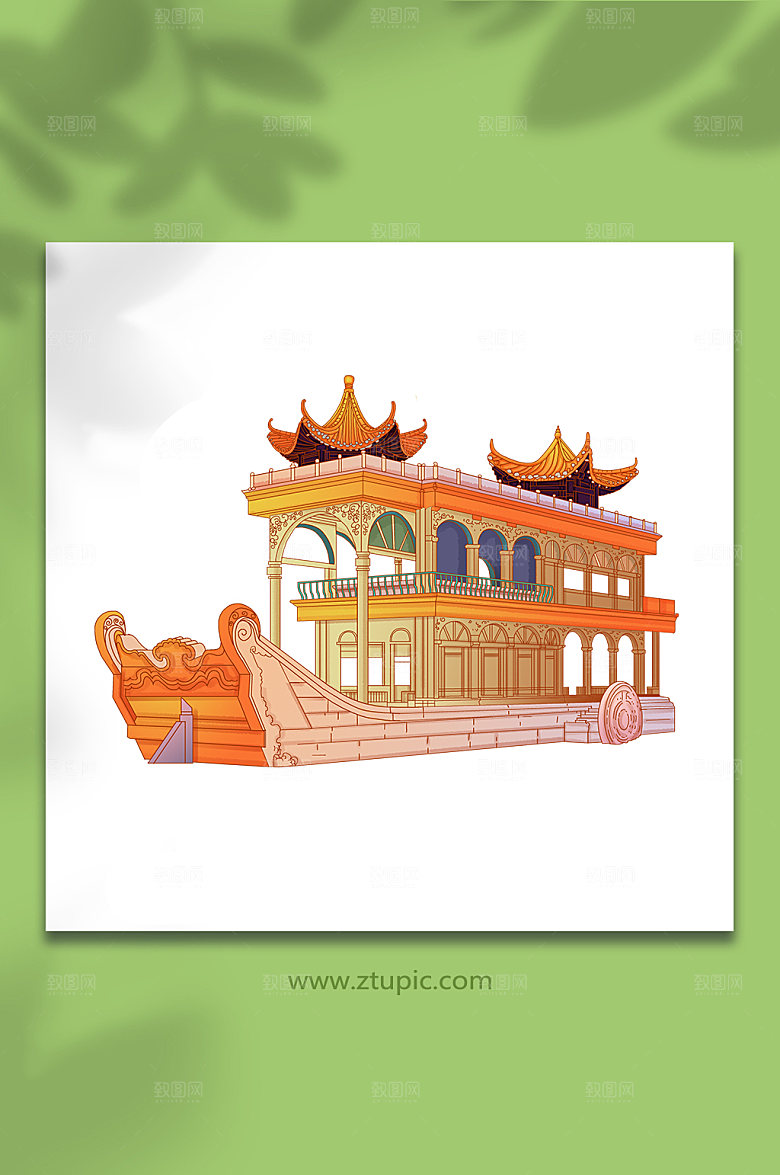 手绘颐和园景点北京地标卡通插画