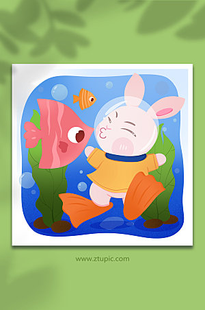 可爱兔年潜水暑假八月兔子卡通插画