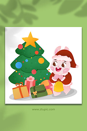 卡通兔年十二月圣诞节圣诞树插画