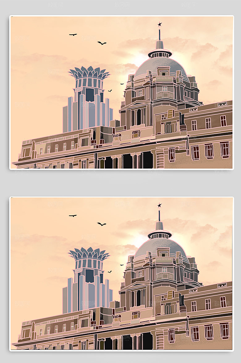 手绘上海外滩城市地标高端插画