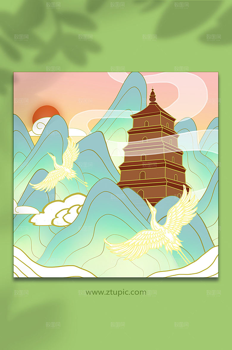 手绘大雁塔西安城市精美插画