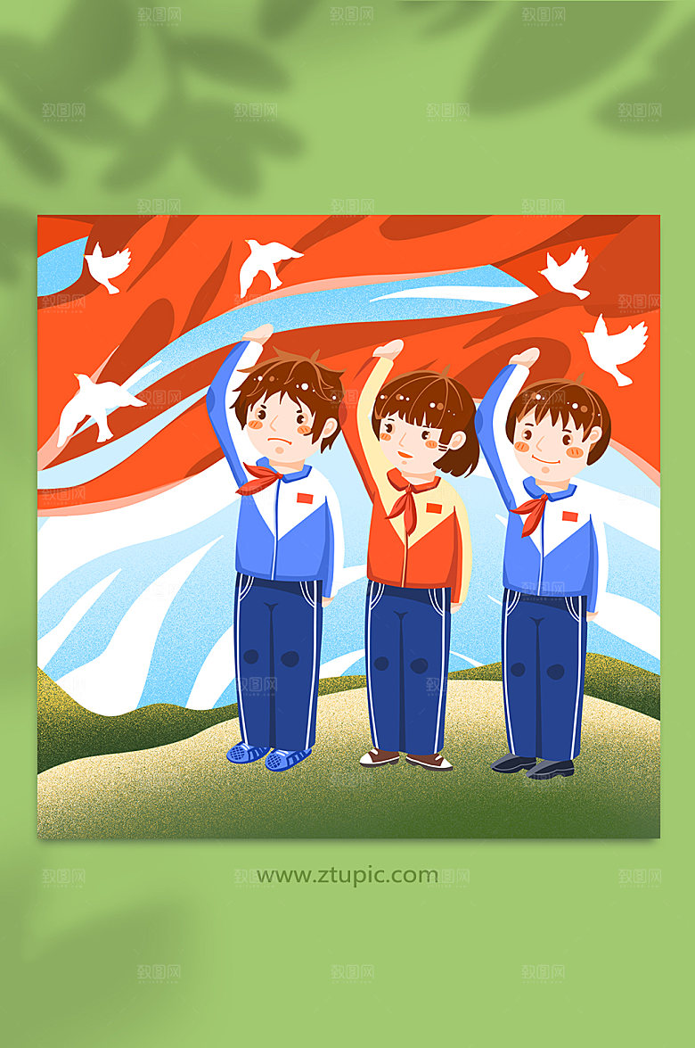 手绘少先队员敬礼卡通插画