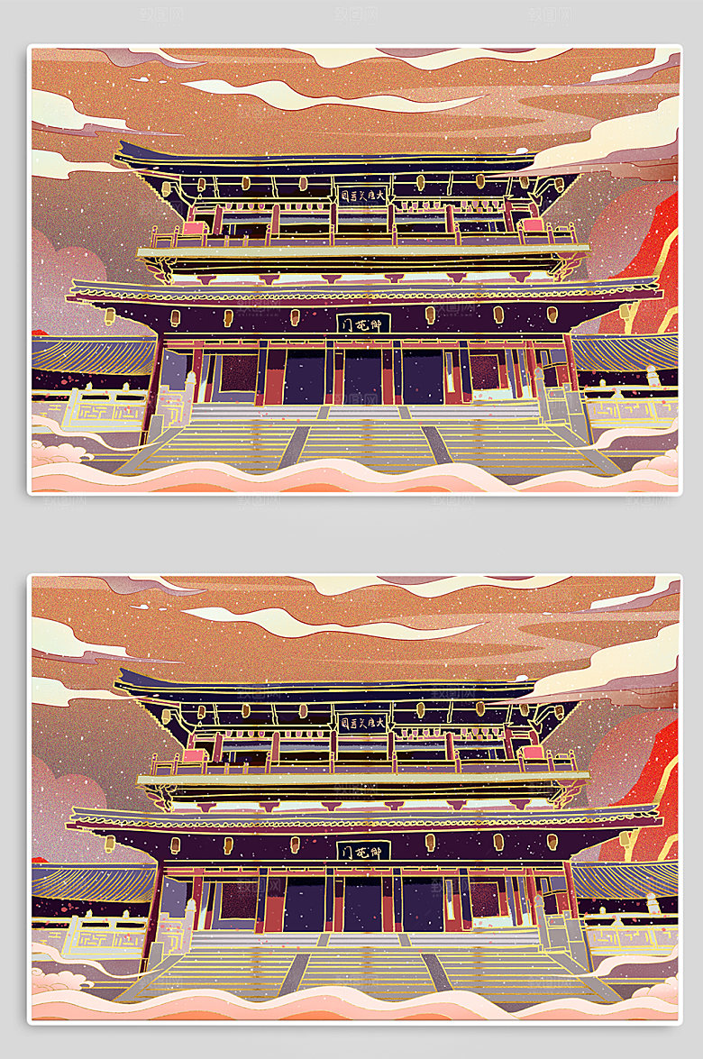 手绘西安大唐芙蓉园建筑插画