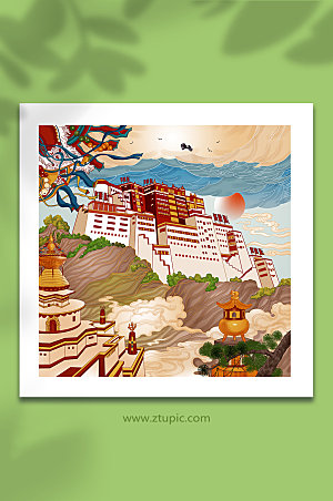 卡通大昭寺旅游布达拉宫西藏插画