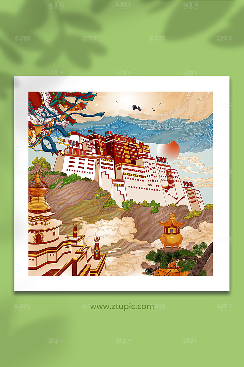 卡通大昭寺旅游布达拉宫西藏插画