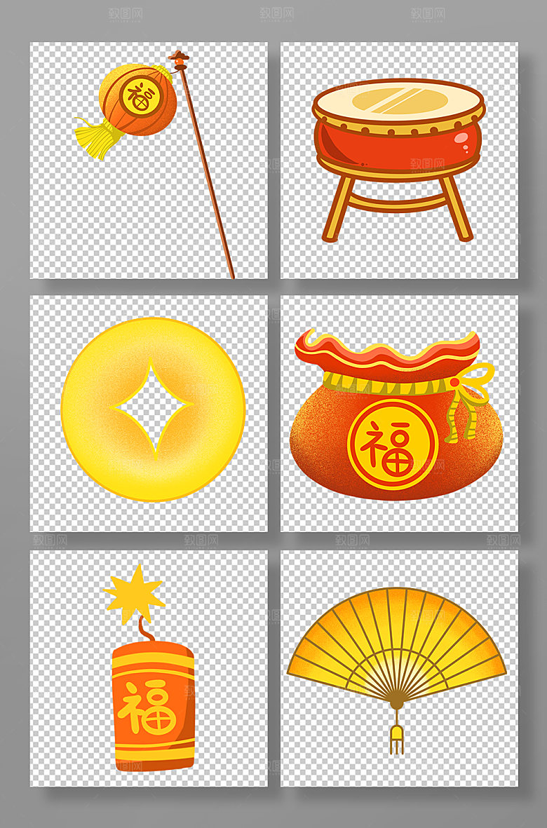 手绘插画新年鞭炮灯笼福袋元素