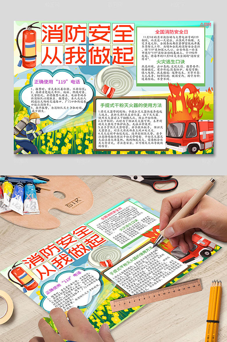 手绘消防安全知识手抄报卡通小报