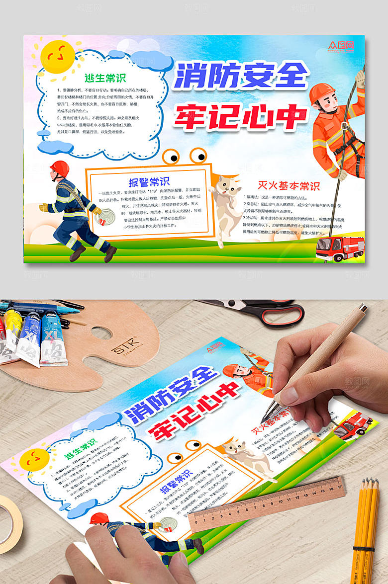 卡通消防安全知识手抄报手绘小报