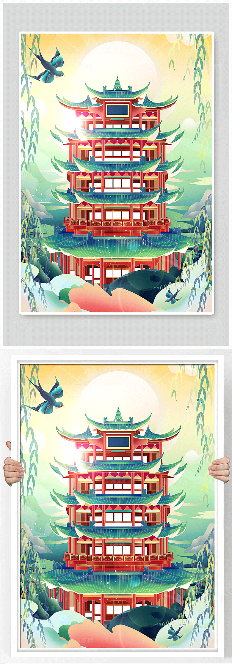 手绘湖北黄鹤楼地标高端卡通插画
