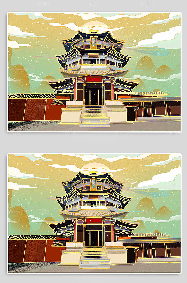 手绘海南定安玉蟾宫地标卡通插画