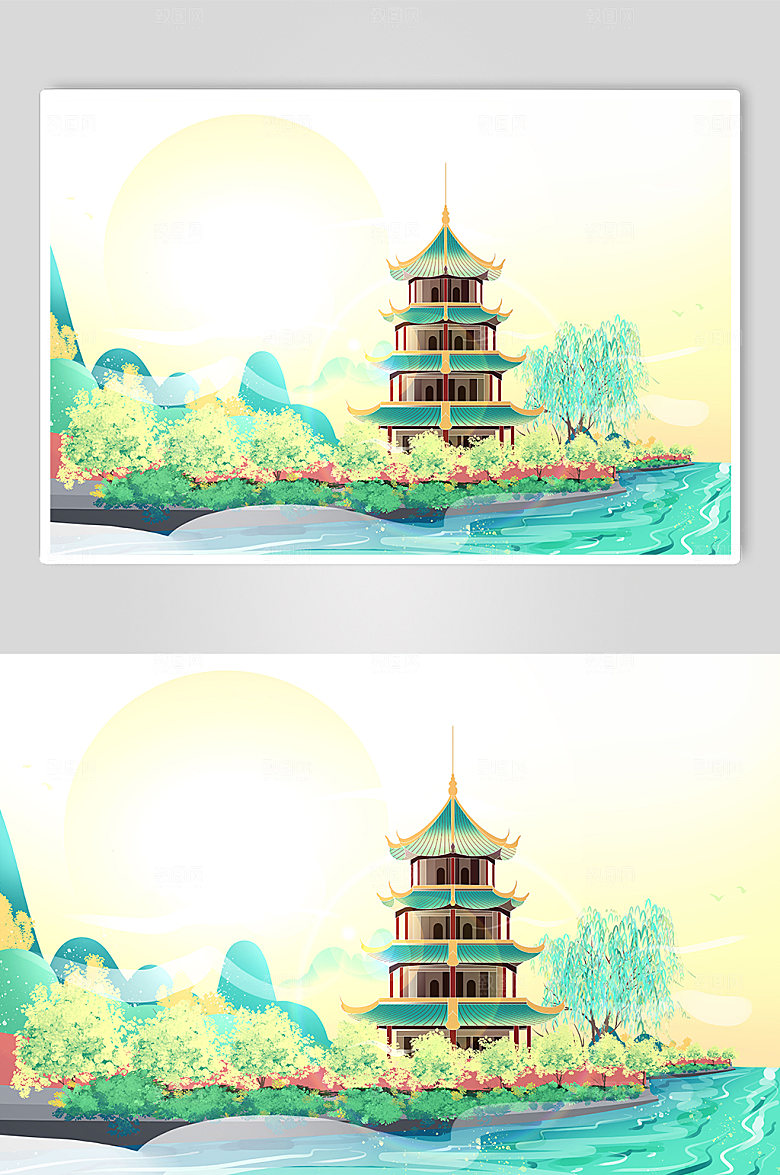 卡通望江楼成都城市建筑手绘插画