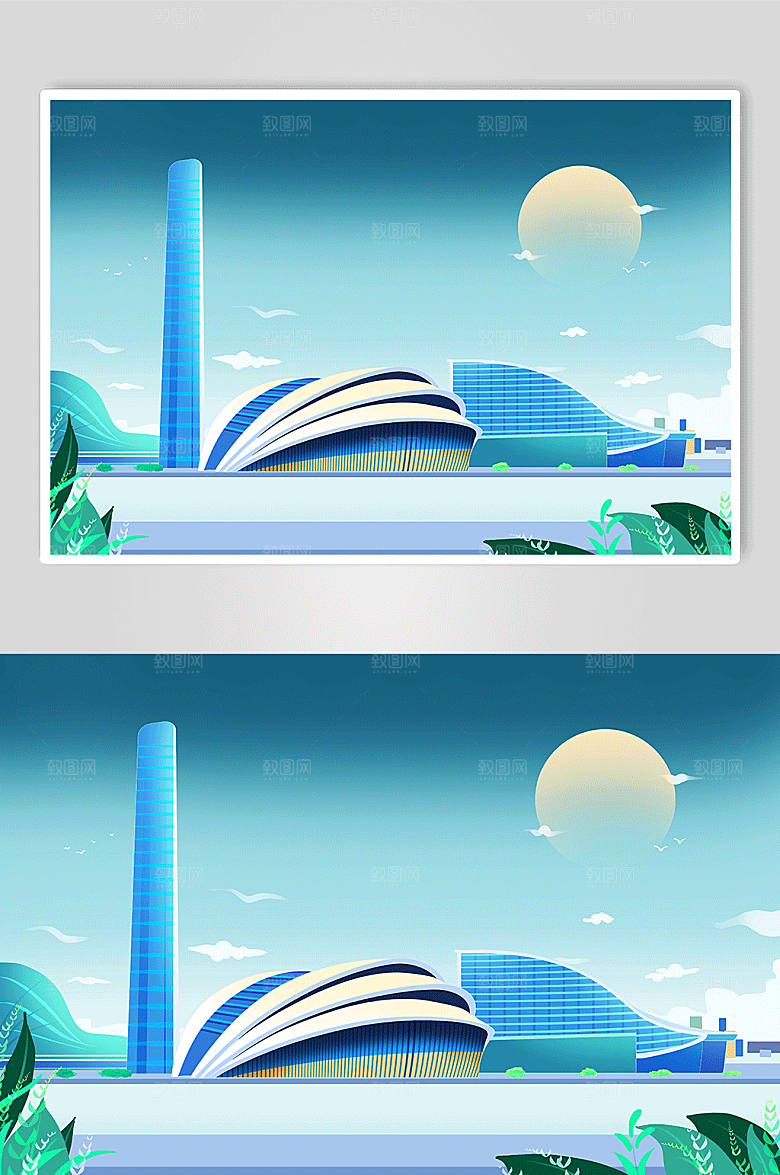 手绘国际博览中心武汉城市建筑插画