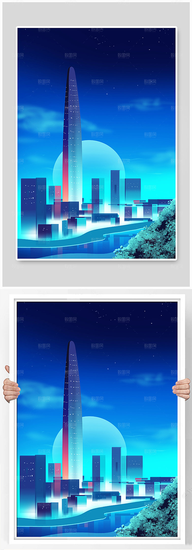 手绘武汉绿地中心地标建筑插画