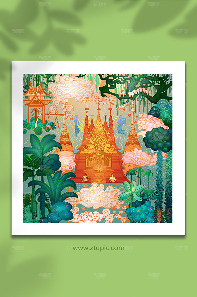 手绘纳佛寺傣族云南地标建筑插画