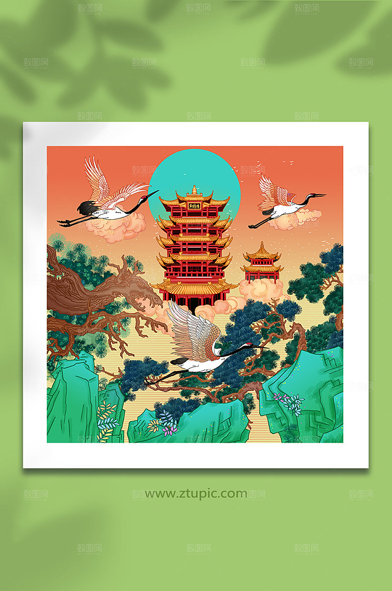 手绘卡通黄鹤楼武汉城市建筑插画