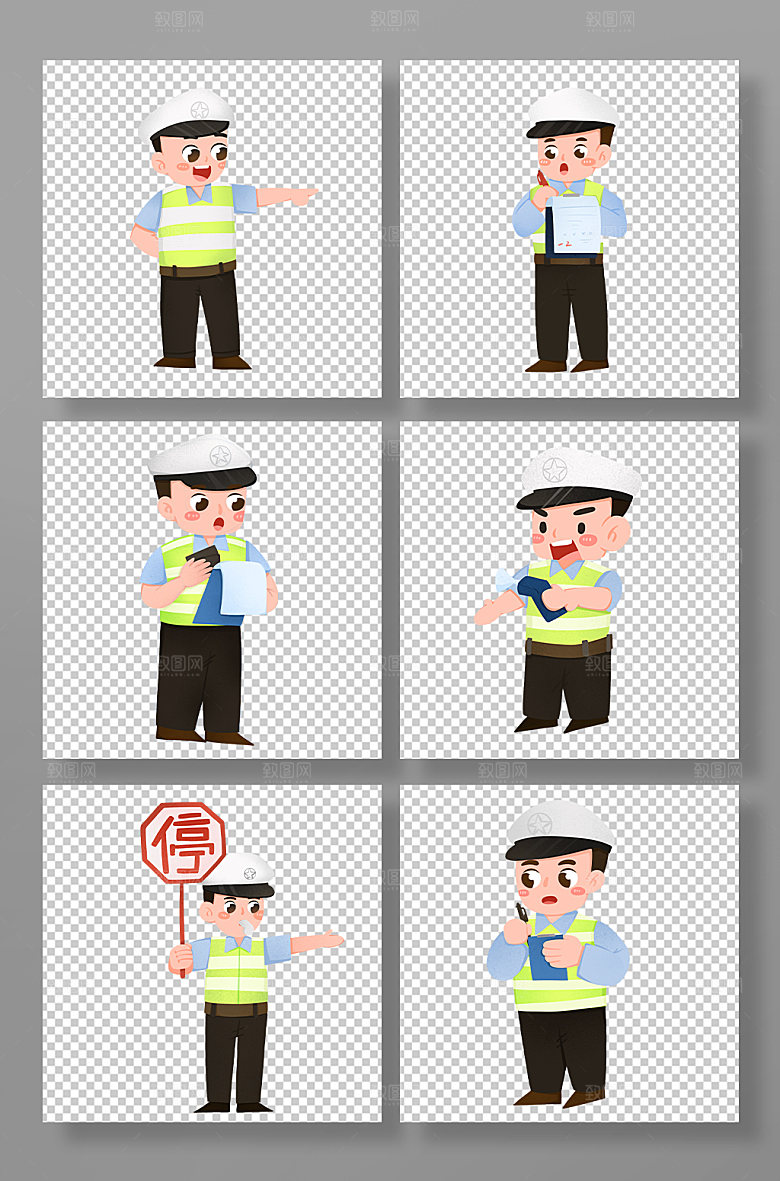 可爱手绘交警人物形象插画元素