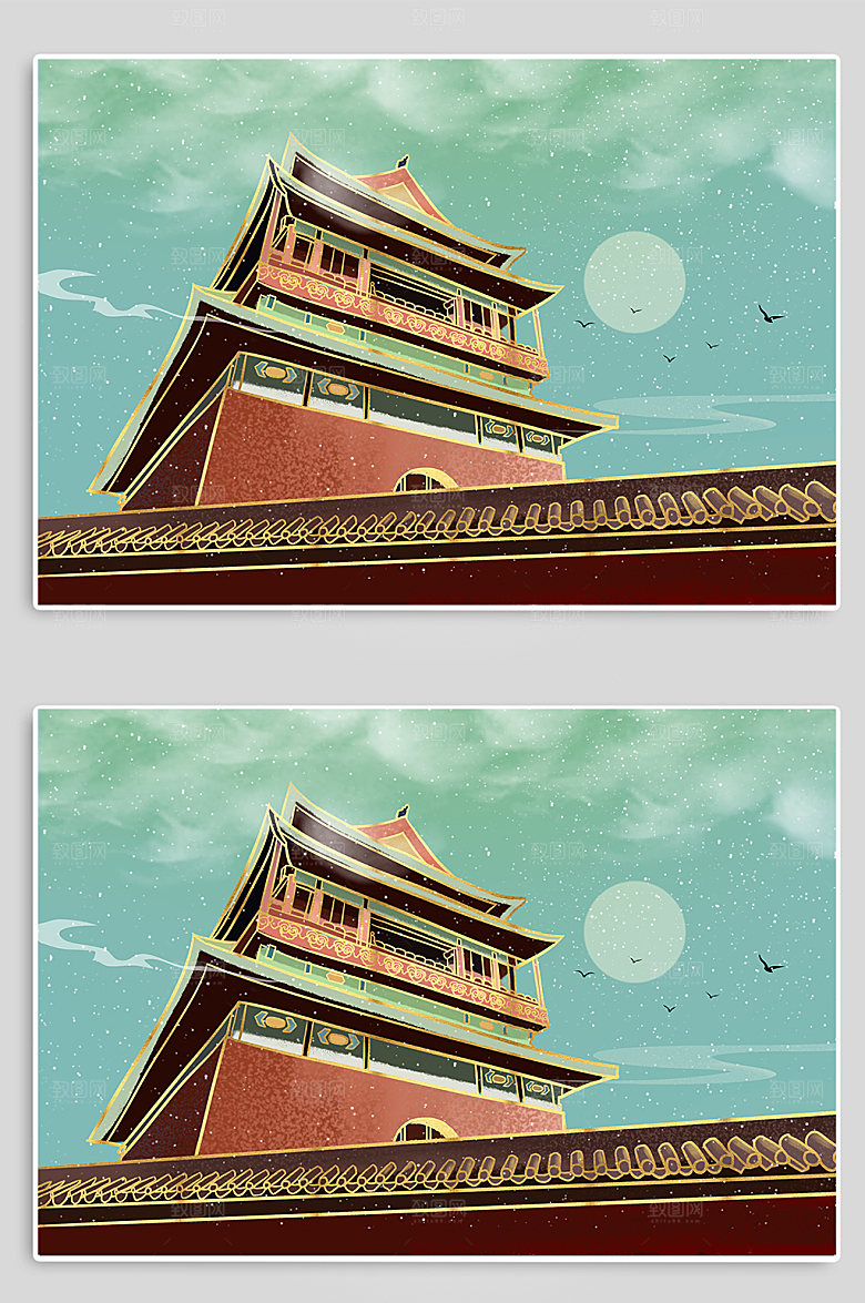 卡通手绘北京鼓楼地标建筑插画