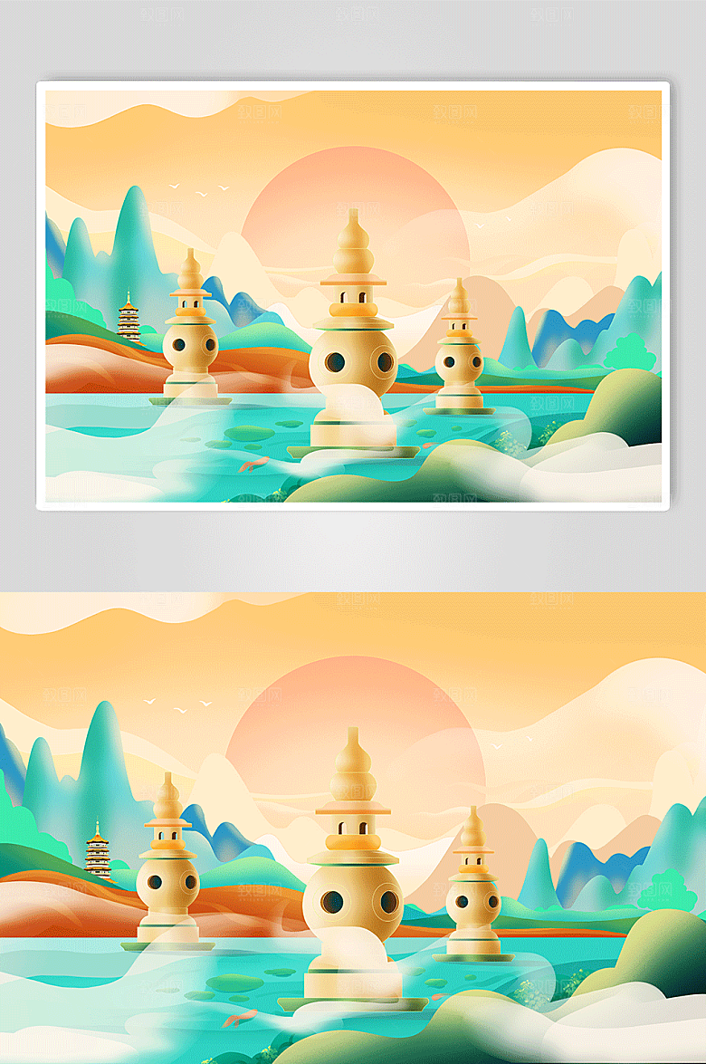 手绘三潭印月杭州地标建筑插画元素