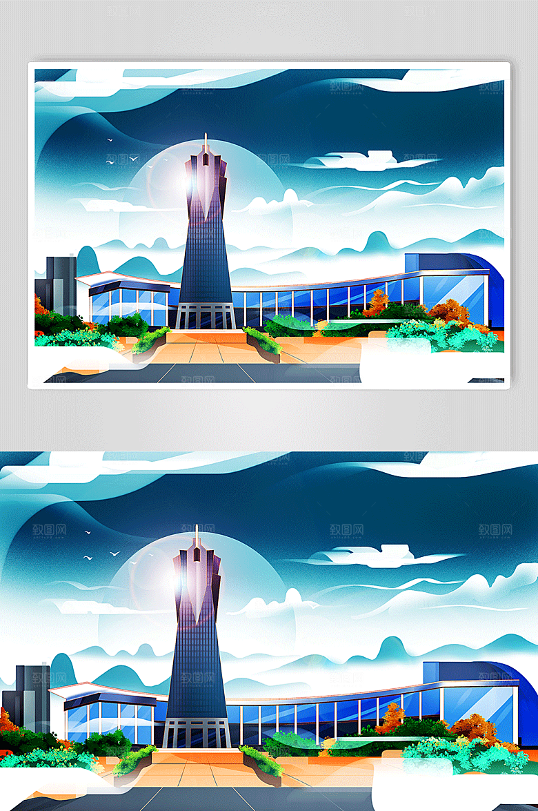 中式手绘西湖文化广场杭州卡通插画