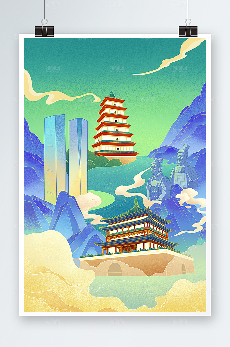 手绘西安大雁塔地标建筑插画