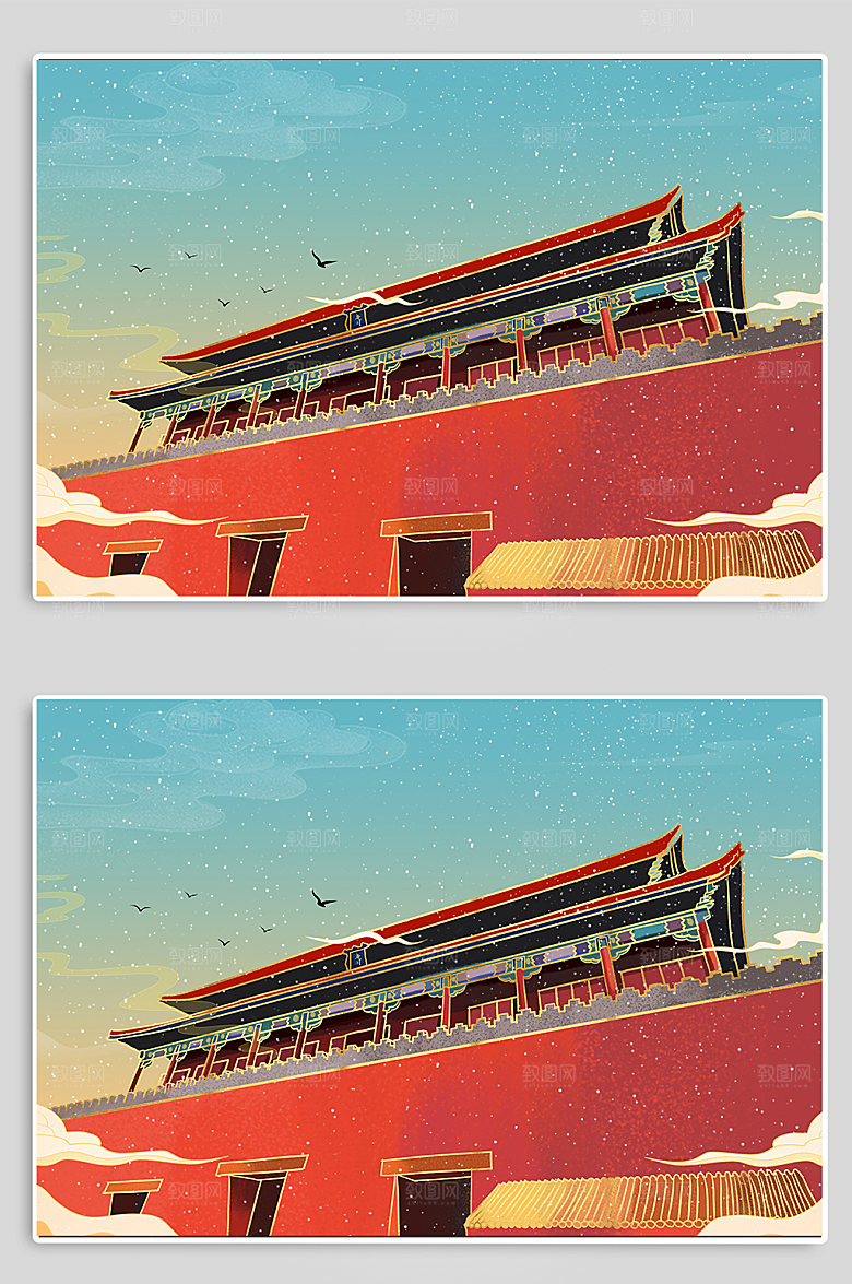 卡通北京故宫午门地标建筑手绘插画