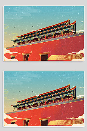 卡通北京故宫午门地标建筑手绘插画