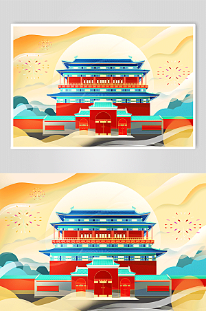 手绘国潮北京鼓楼建筑插画设计
