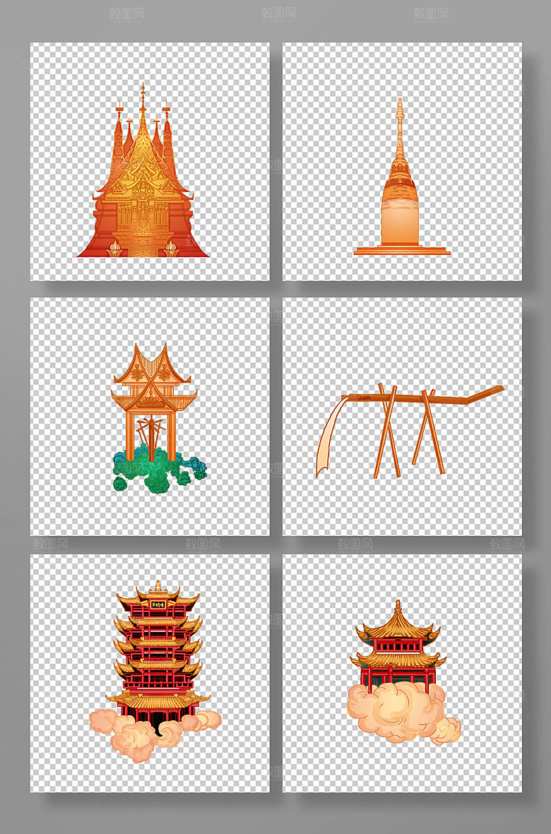 国潮风城市地标建筑元素商业插画