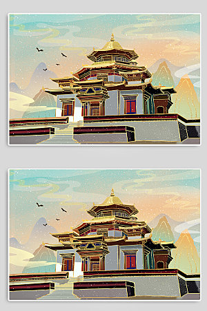 卡通西藏嘎朗王宫地标建筑元素插画