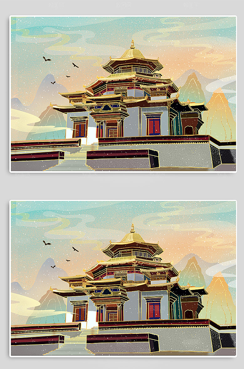 卡通西藏嘎朗王宫地标建筑元素插画