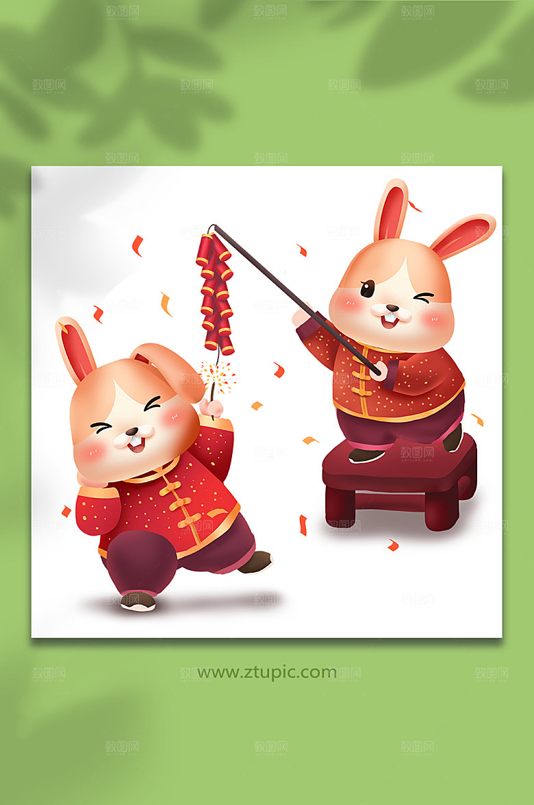 国潮新年放鞭炮兔年卡通手绘插画