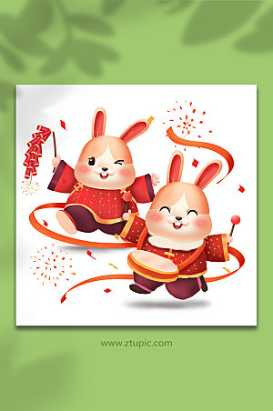 春节国潮手绘腰鼓鞭炮兔年卡通插画