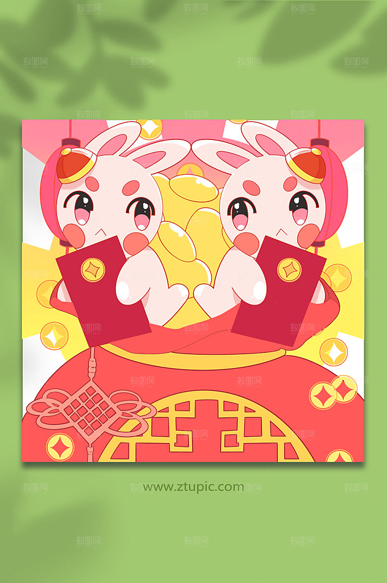 国潮风财源滚滚兔年春节插画
