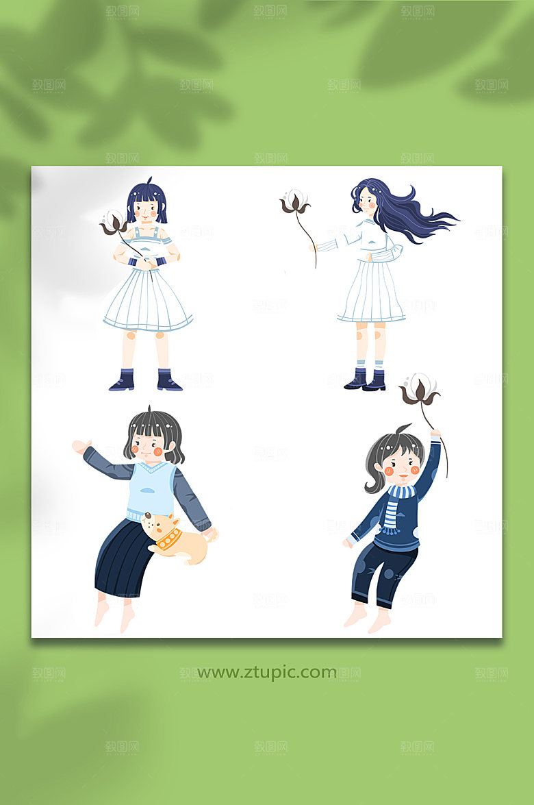 手绘小清新寒露摘棉花插画元素