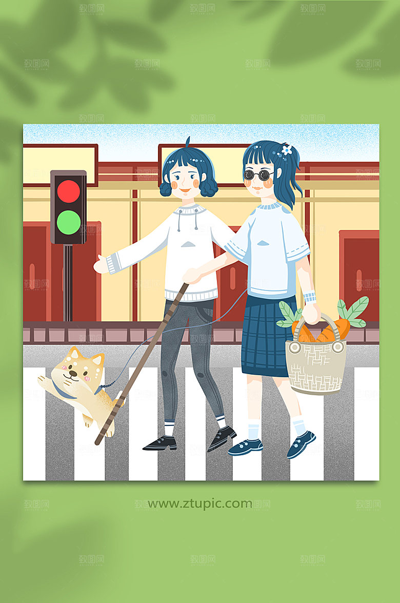买菜导盲犬过马路关爱盲人公益插画