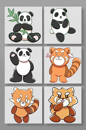 卡通大熊猫小熊猫保护动物插画元素