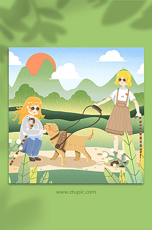 公益卡通导盲犬盲人女孩人物插画