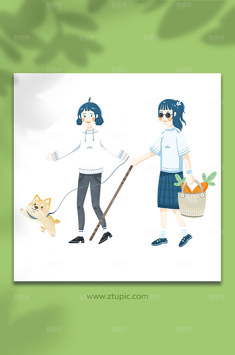公益卡通女孩盲人导盲犬元素插画