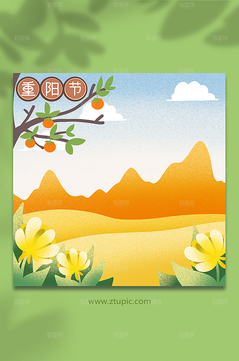 手绘重阳节金秋赏菊原创卡通插画