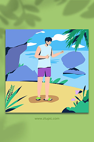 手绘海滩扁平化旅行商业人物插画