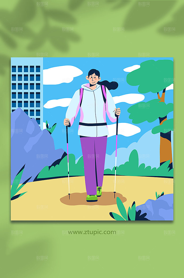 手绘女生户外徒步出行商业插画