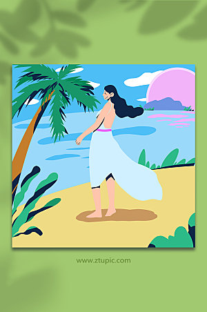 扁平化女生出游旅行沙滩商业插画