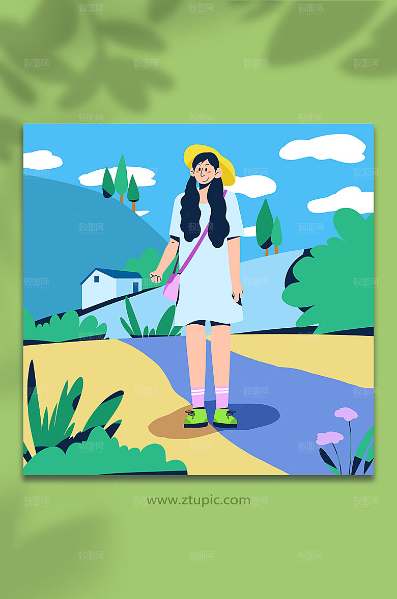 田园风女生卡通出游旅行商业插画