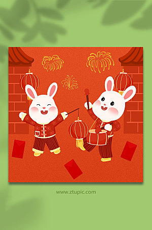 开兔年祝福春节手绘卡通插画