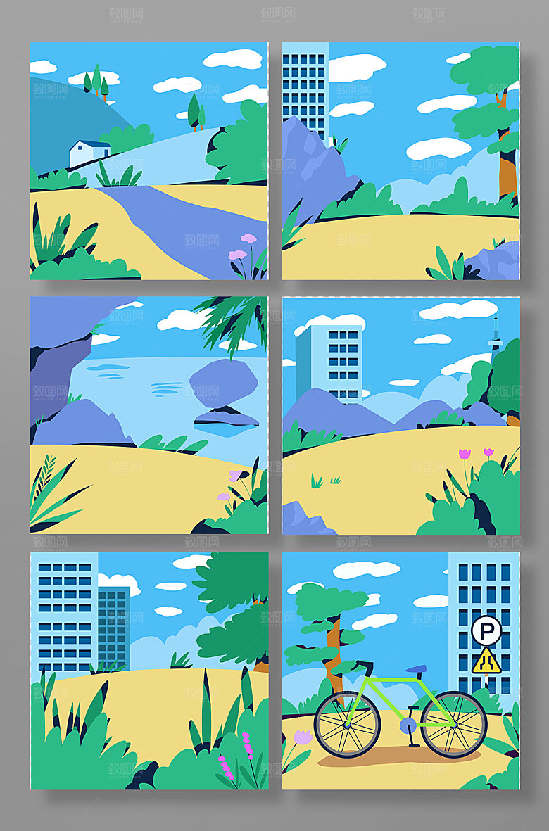 旅游元素小清新组合背景商业插画
