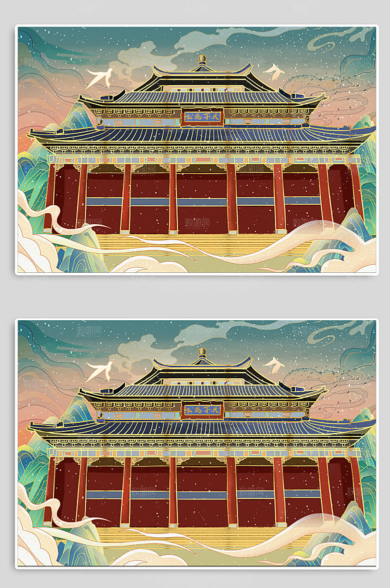手绘广州中山纪念堂城市地标插画