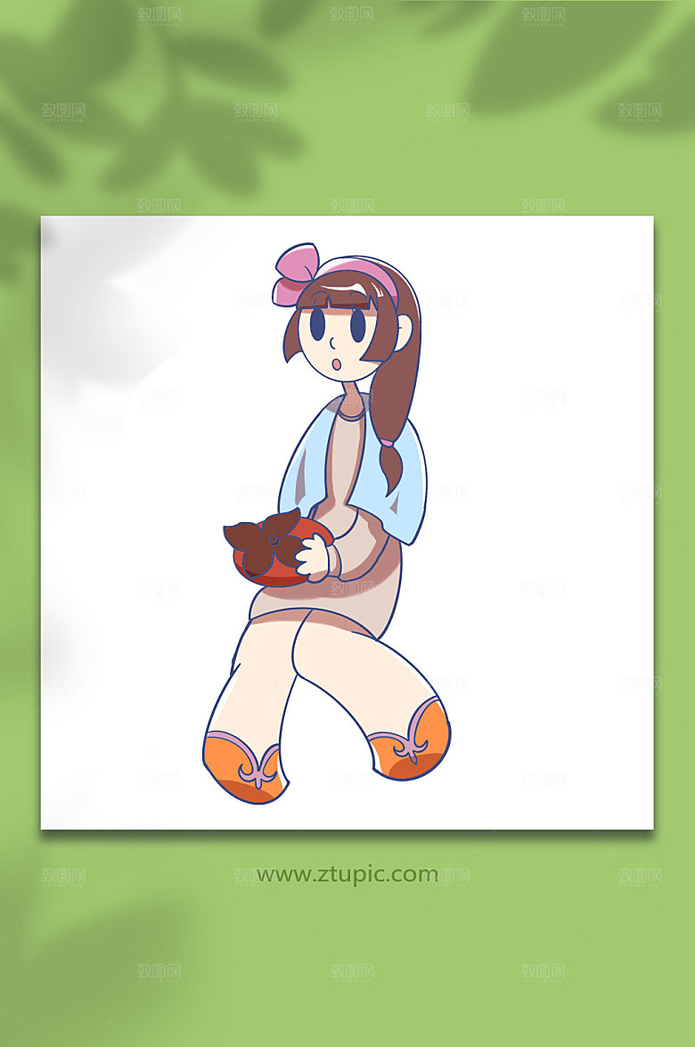 手绘坐着的女孩人物免扣元素插画