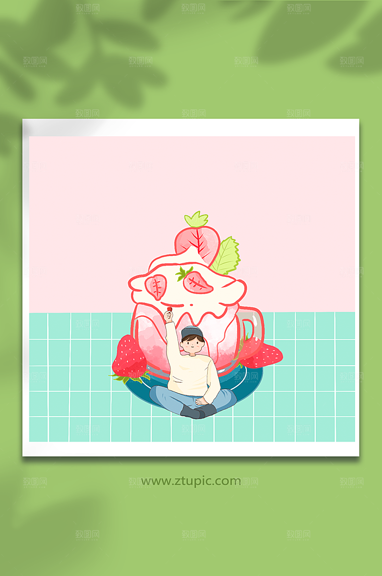 美味草莓奶茶果汁手绘元素插画