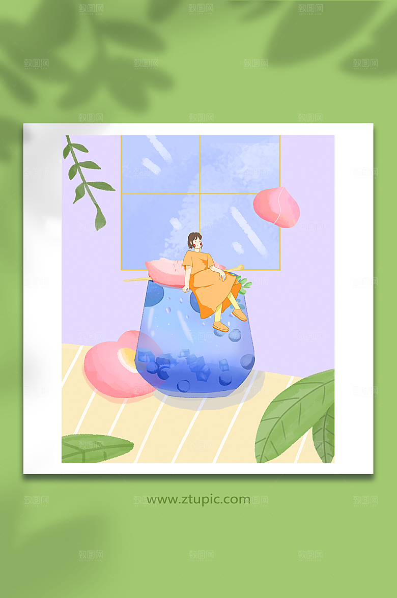 卡通手绘蓝莓奶茶果汁人物卡通插画